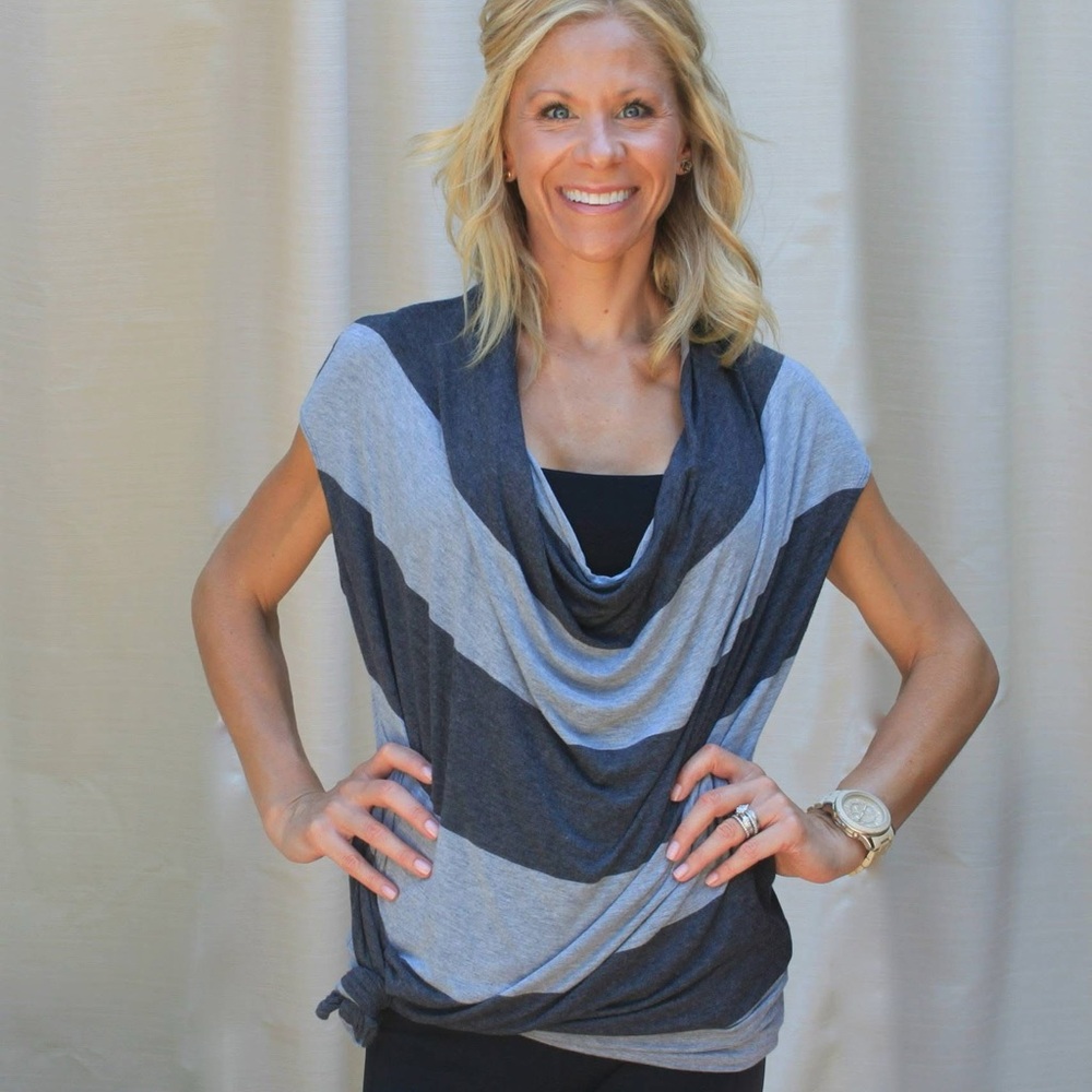 Cabi Striped Gray and Black Drape Top